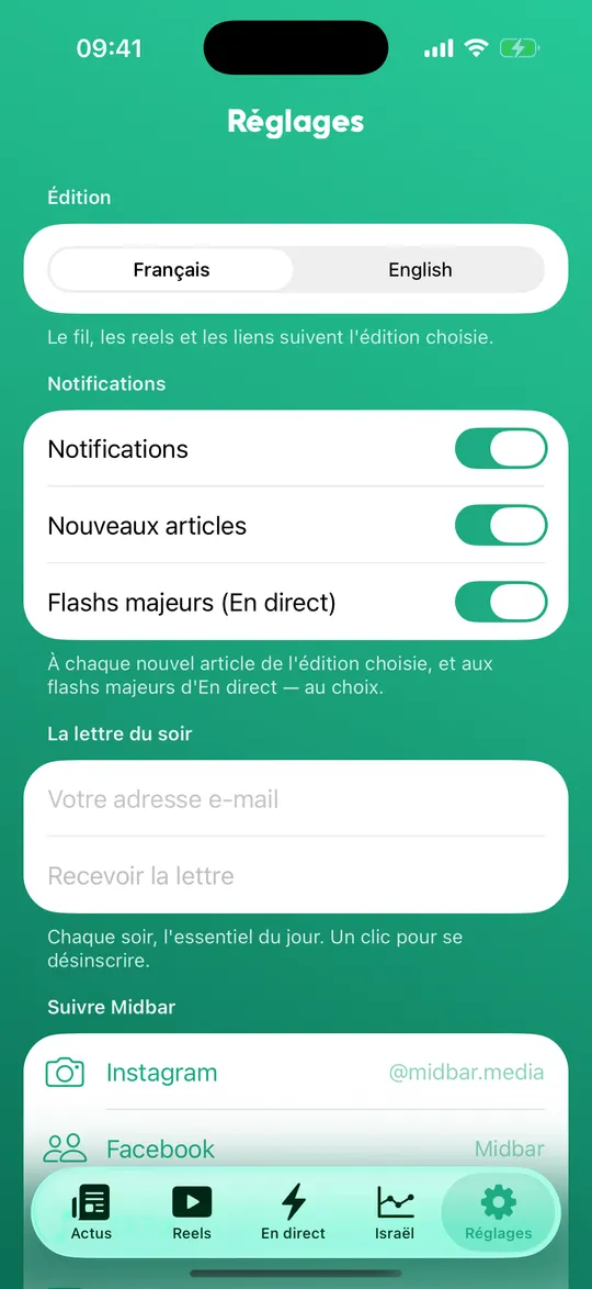 Un écran de l'app Midbar